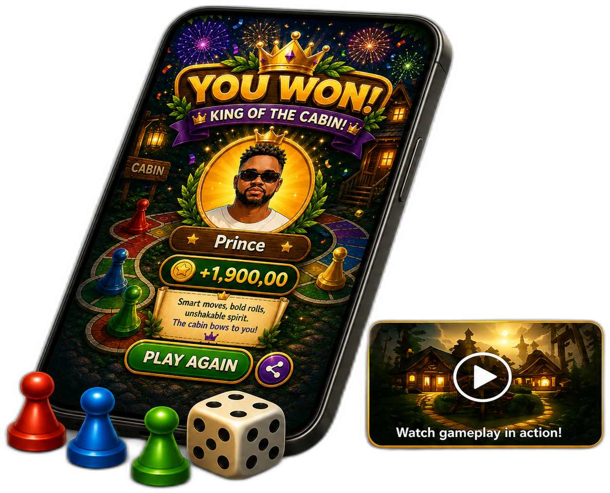 Cabin Ludo victory screen on a tilted phone with watch gameplay preview